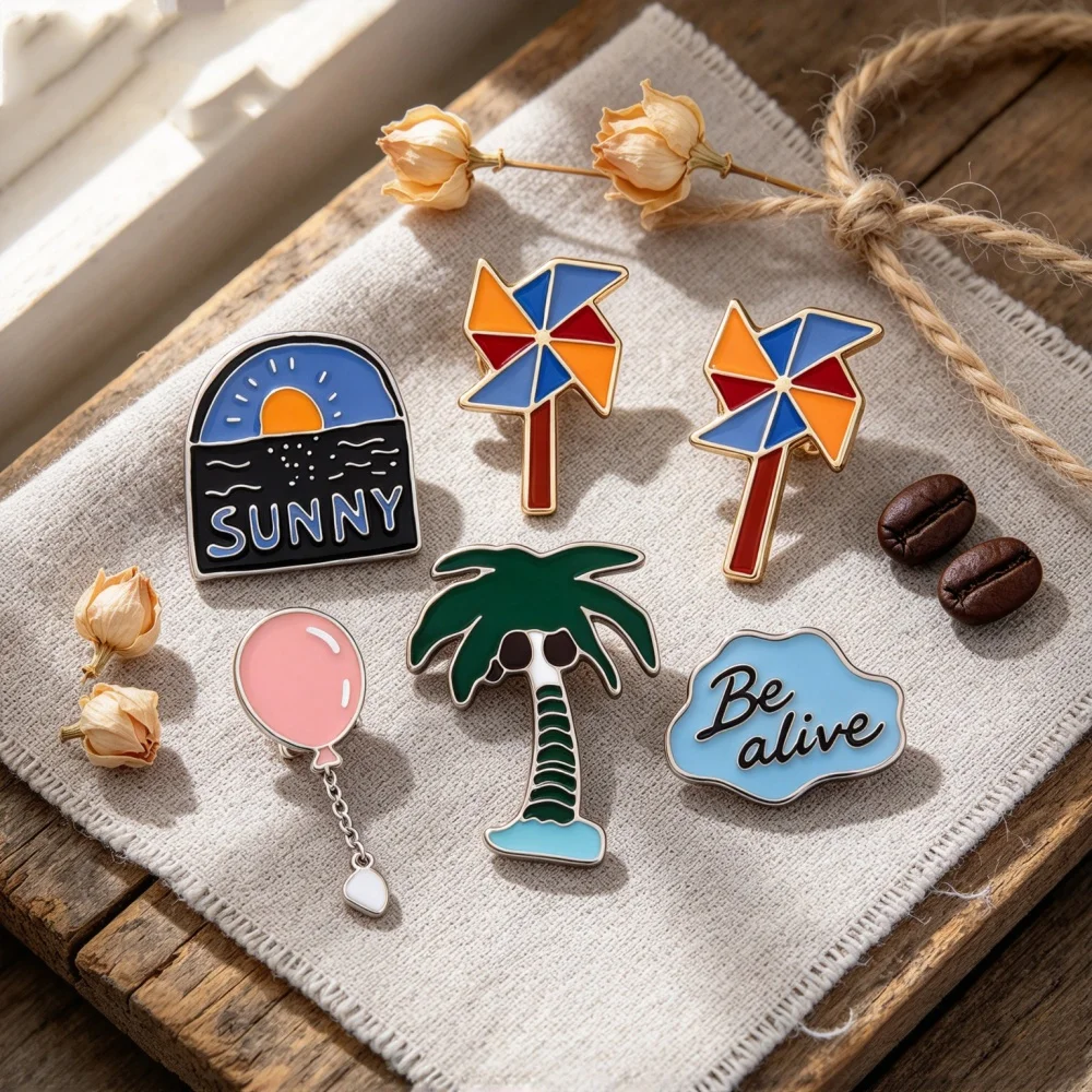 Romantic Sea Sunrise Pins Brooches Beach Flip Flops Coconut Tree Enamel Kids Cartoon Pink Balloon Windmill Badge Hat Bag Jewelry