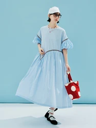 IMAKOKONI original design blue round neck pullover short-sleeved striped patchwork mid-length dress 244613