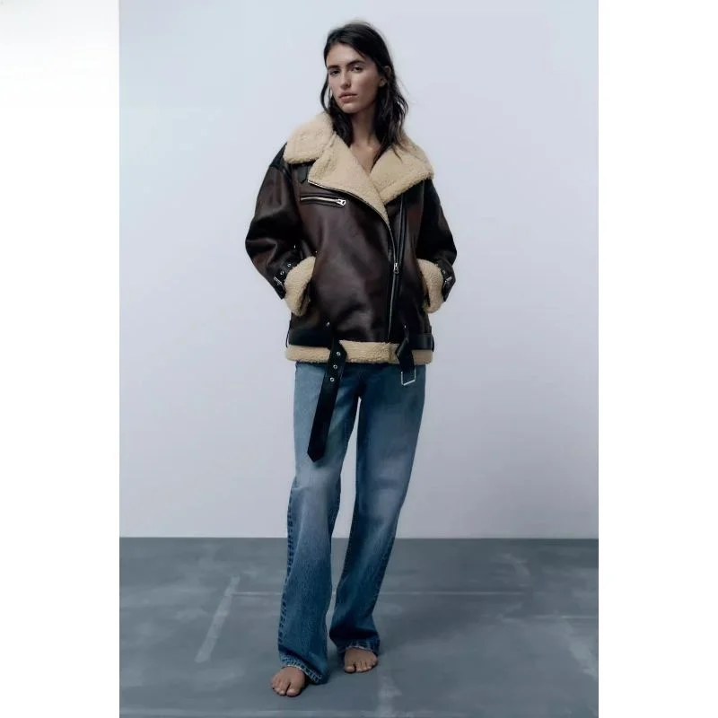 

Double-Sided Motorcycle Sle Jaet Outerwear Women's Faion Fall Winter New Leather And Fur Inteated 2023 Winter Collection