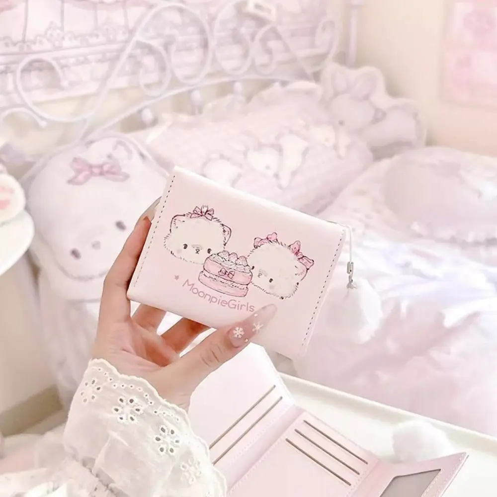 Portable Kawaii Cat Print Short Wallet Foldable PU Leather Coin Purse Pink Multipurpose Credit Card Holder Women Girl Travel