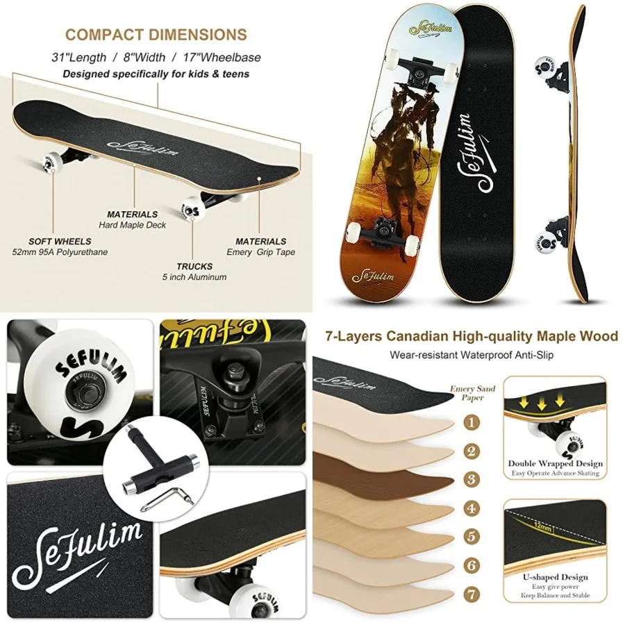 

31 x 8 Inch Complete Skateboard 7 Layer Canadian Maple Double Kick Deck Concave Cruiser Trick Skateboard for Boys Girls Teens A