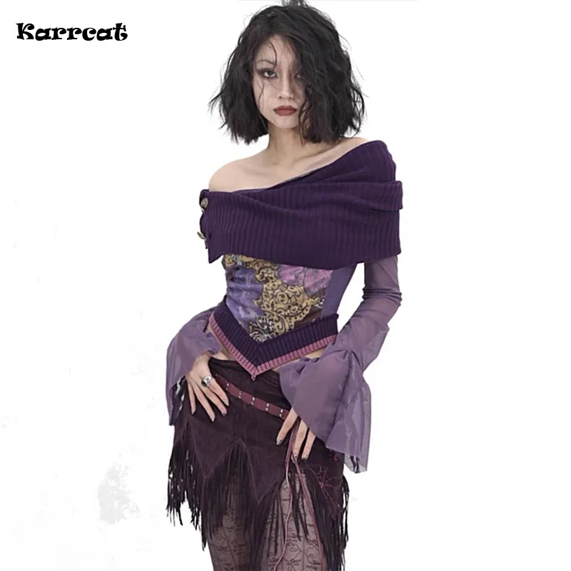 Karrcat Japanese Y2k Off Shoulder Top Grunge Aesthetics Knitted Mesh Top Vintage Trashy 2000s Flare Sleeve Purple T Shirt Gothic