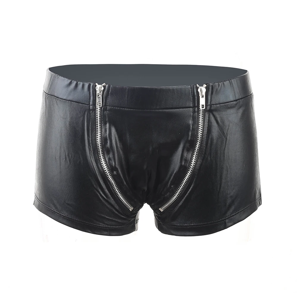 

Male Lingerie Boxers Sexy Men Erotic Jockstrap Leather 2 Zippers Underwear Black Faux Vinyl Panties Boxer Shorts