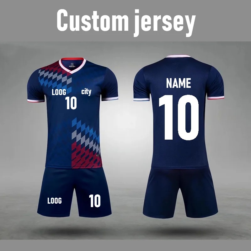 Summer brand football wear blue red white jersey custom short-sleeved T-shirt shorts set  8638