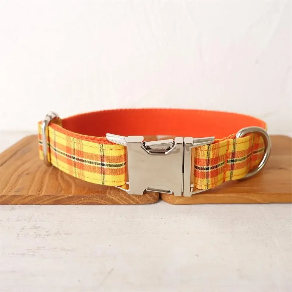 Personalized Dog Collar with Free Engraving, Matching Pet Leash,Customzied Contacts Metal Buckle,Cheese Plaid Pet Collar