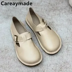 Careaymade-Genuine leather women shoes spring retro round head plain casual flat rubber bottom belt buckle women's single shoes