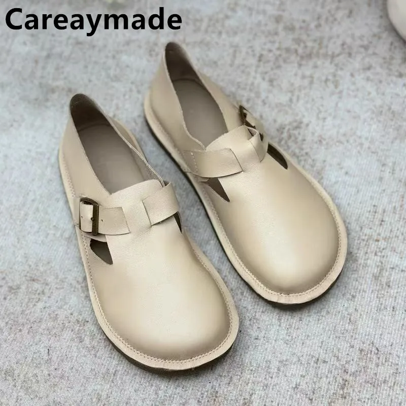 Careaymade-prawdziwej skóry kobiet buty wiosenna, retro okrągłe głowy zwykły dorywczo płaskie gumowy spód klamry pasa kobiet pojedyncze buty