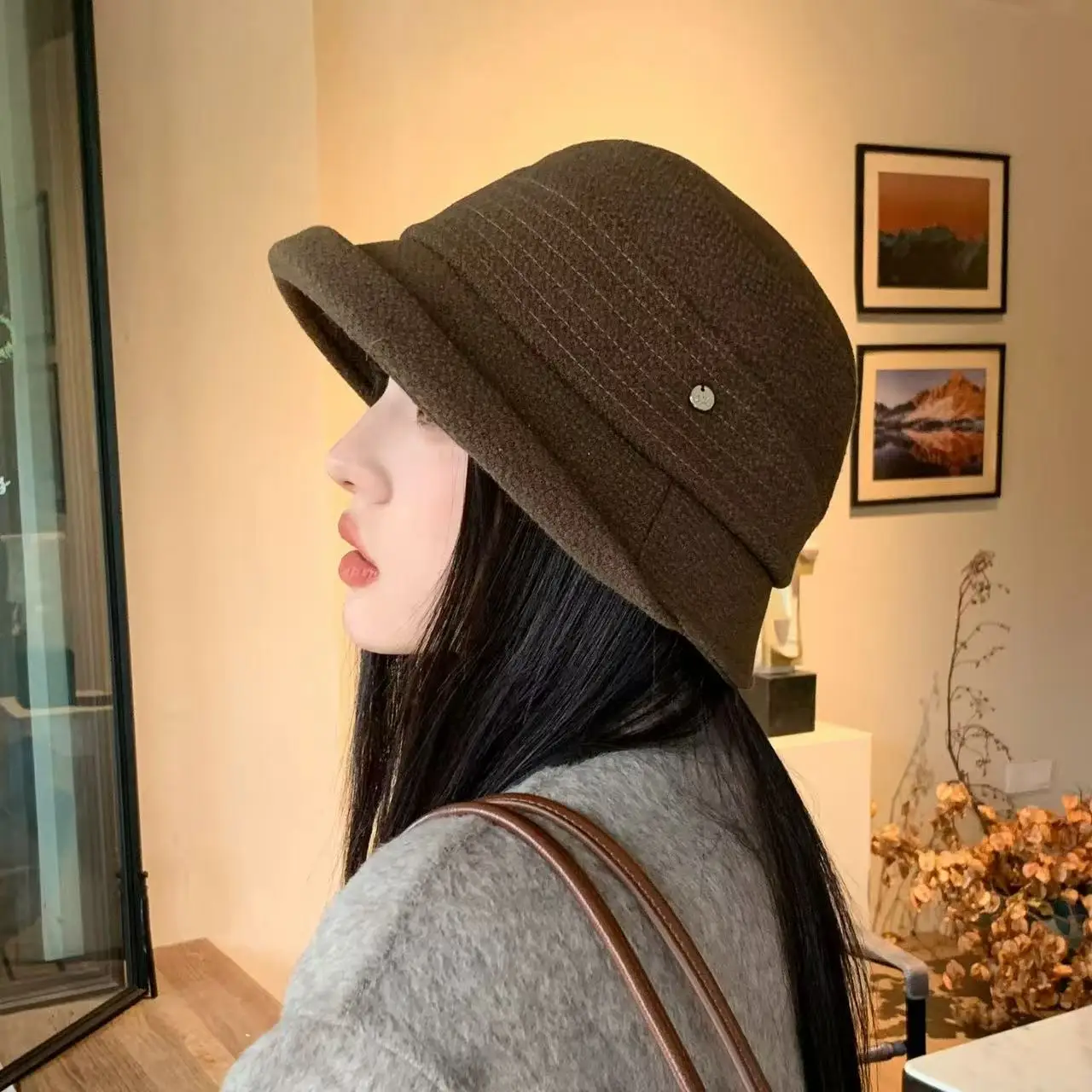 Elegant Solid Wide Brim Fisherman Hat for Women Surved Edge Autumn Winter Windproof Fashion Versatile Show Face Small BucketHat