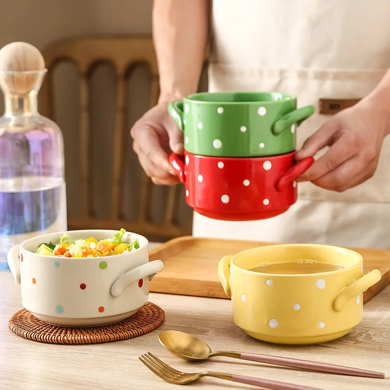 Polka Dot Ceramic Tableware Set Wave Edge Baking Bowl Rice Soup Bowl Mug Pet Dish