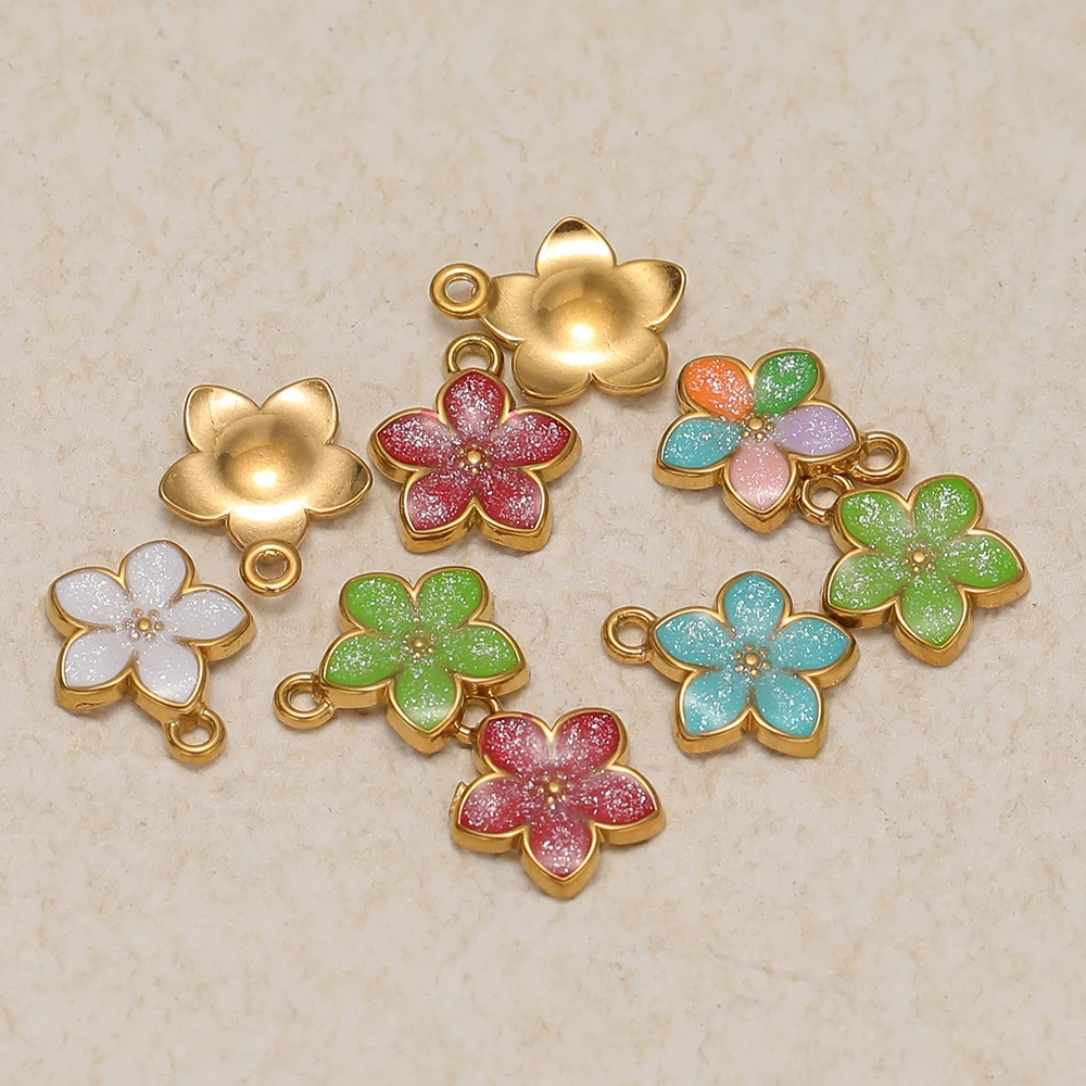 5 Stück Edelstahl-Blumenanhänger mit Emaille, niedliche Charms für DIY-Mädchen-Schmuck, Kinder-Armband- und Ohrringherstellung – Detail 5