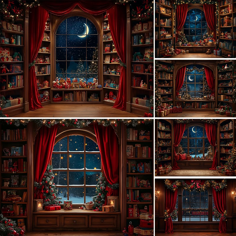 

LS Photography Background Cute Toy Bear Christmas Tree Window Backdrop Family Xmas Gatherings Holiday Party Prom Studio