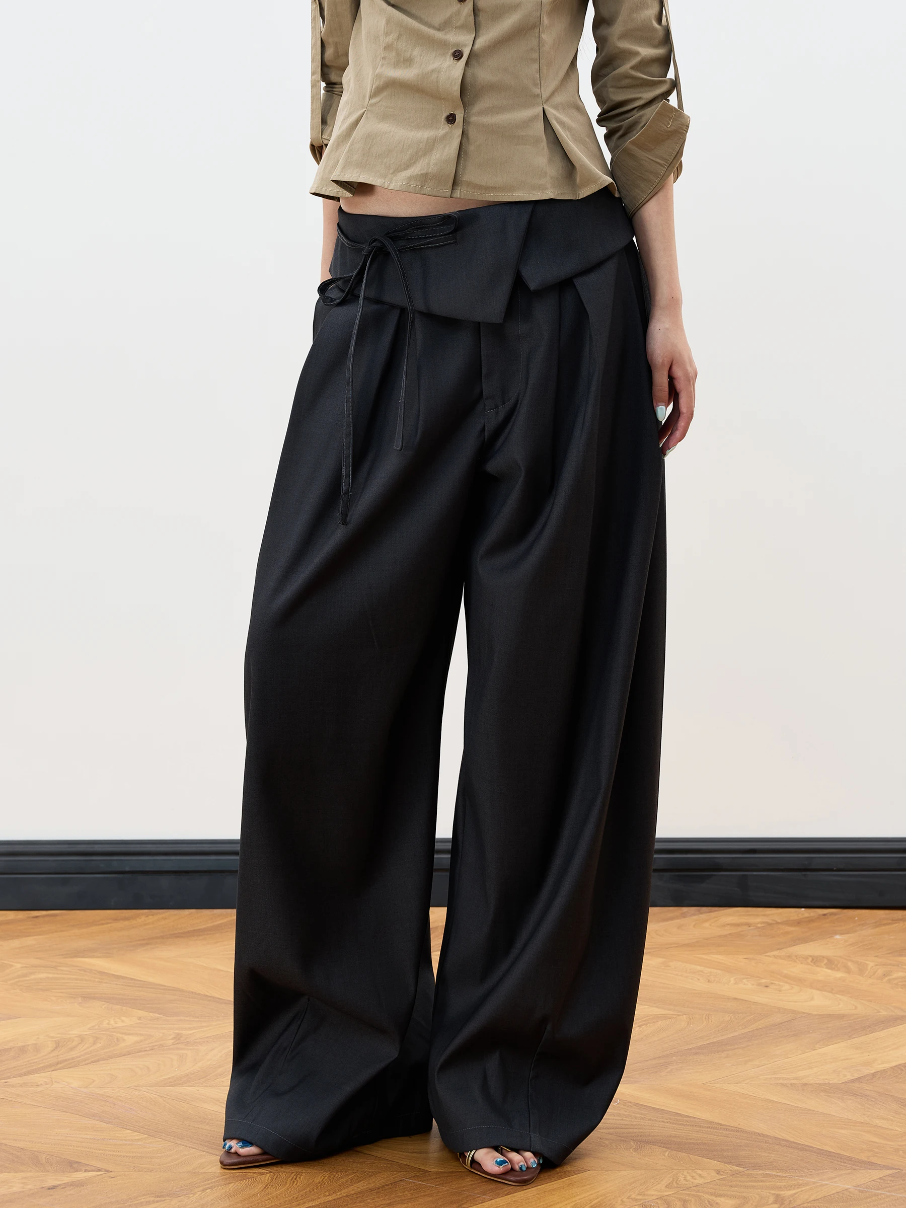 JUNECUT Casual Trousers Women's Wide Waist Belted Loose Long Pants Knife  Foldover Design Comfortable Straight Leg Trousers