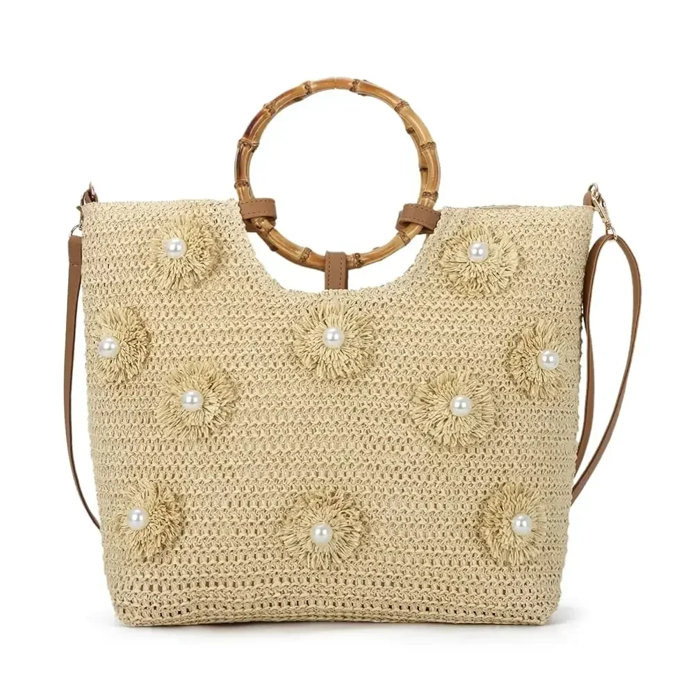 Bolsos de Playa para Mujer, Bolso Tejido de Verano, Bolso de Paja con Flores y Perlas para Vacaciones de Verano