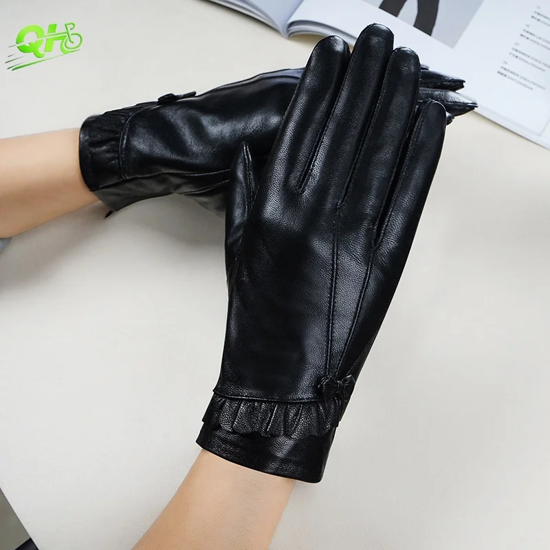 

Winter Warm Genuine Leather Gloves Driving Electric Bike Touchscreen Fleece guants mujer Cold-proof Fashion Sheepskin Lures