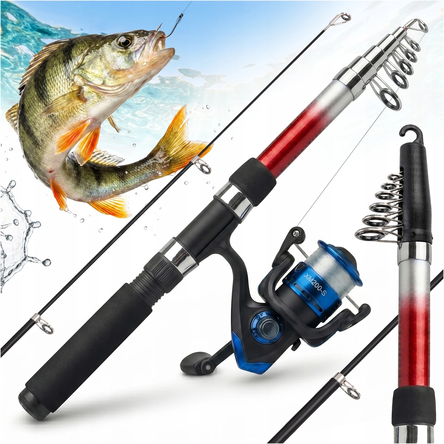 Angelruten- und Rollen-Set, 2,7m Teleskoprute mit Spinnrolle und 0,20mm Schnur, Glasfaser-Blank, EVA-Griff, One-Touch-Rollenbedienung mit Frontbremsfunktion, kompaktes 58cm Angelset für Einsteiger und