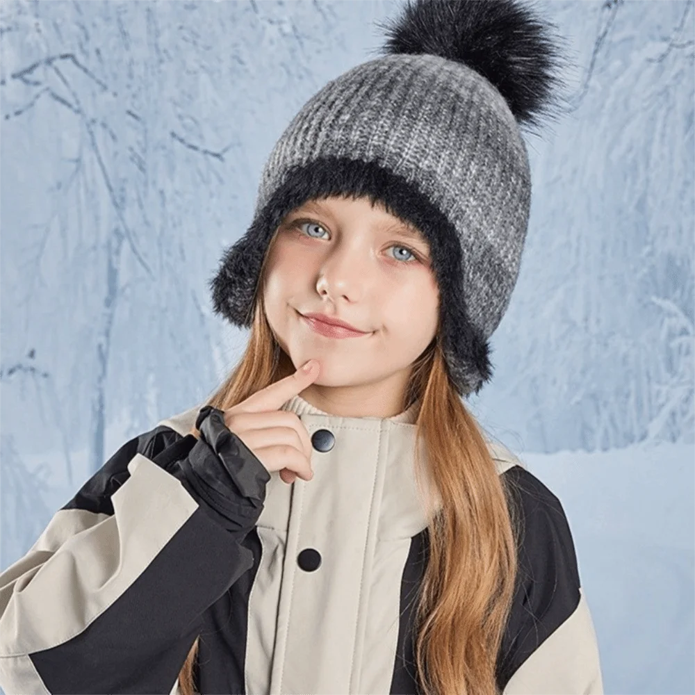 Soft Multicolor Kids Knitted Hat Hairball Fleece Lining Knitted Bucket Hat Pompom Warm Ear Protection Hat Winter