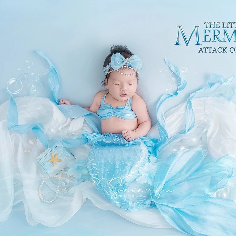 

Newborn Photography Baby Girl Clothes Blue Ocean Mermaid Costume with Headband Pearl Decors Backdrop for Studio Photoshoot Props
