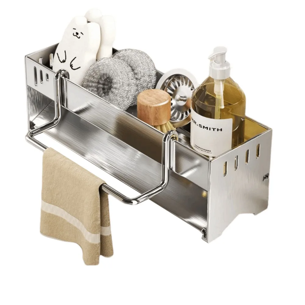 

Hanging Rod Kitchen Sink Rack Detachable Quick Dry Sponge Drainer Shelf Draining Hole Space Saving Sink Towel Stand Kitchen Use
