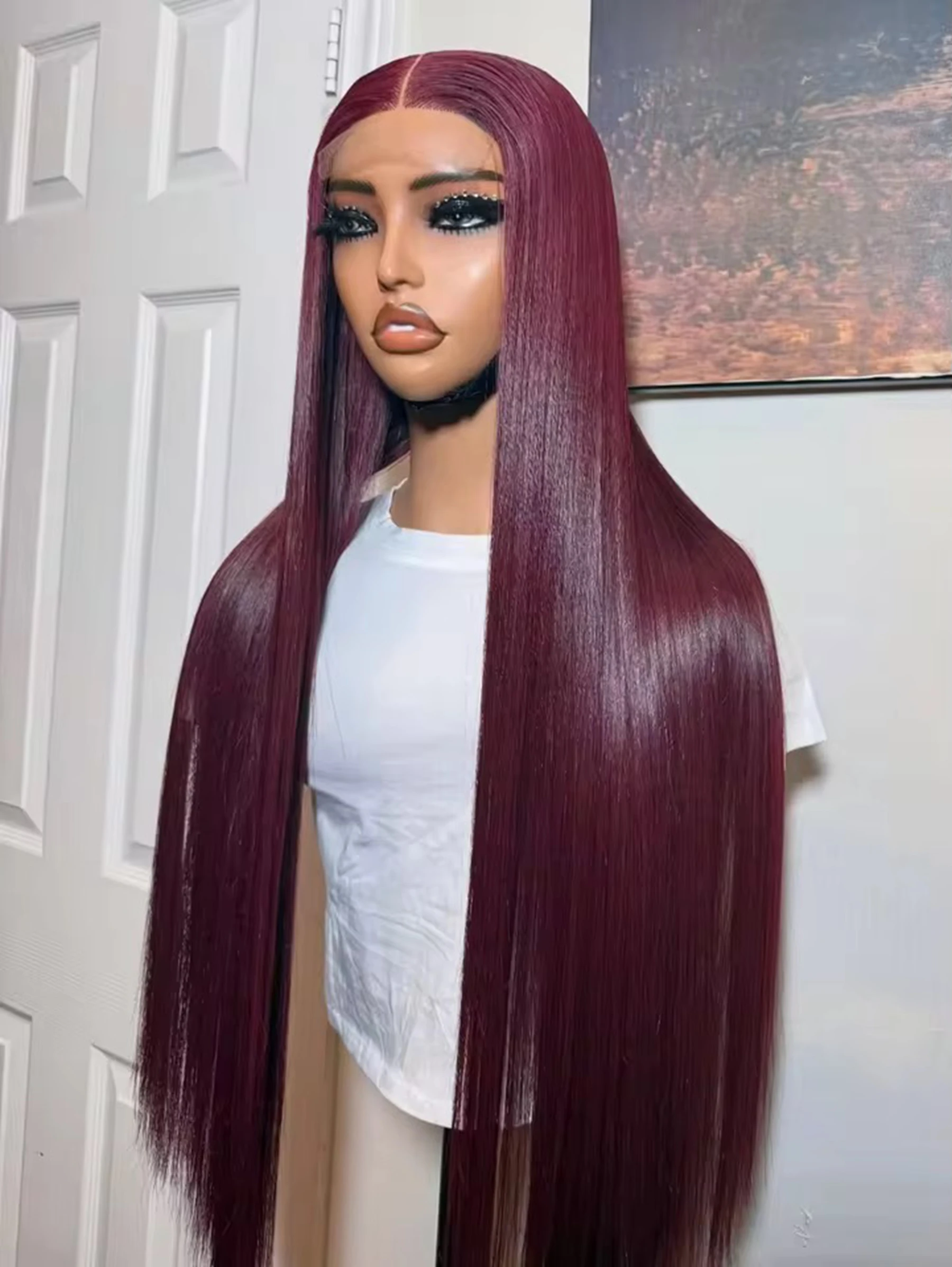 Straight 13X4X1 HD Full Lace Frontal Synthetic Long Wig For Women 99J Red Burgundy Color Prepluck With Baby Hair Daily Party