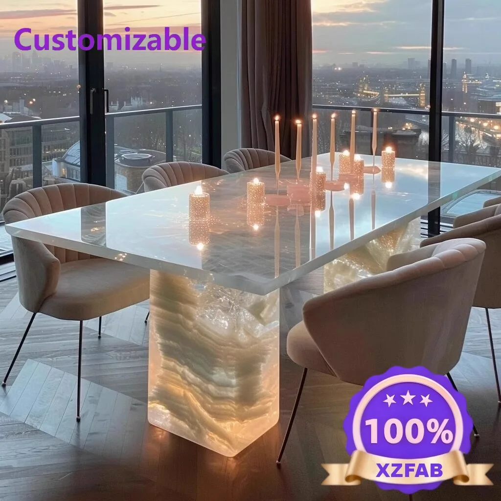 Factory Direct 2026 Luminous jade dining table Natural luxury stone rectangular pink island white jade light luxury high-end mar