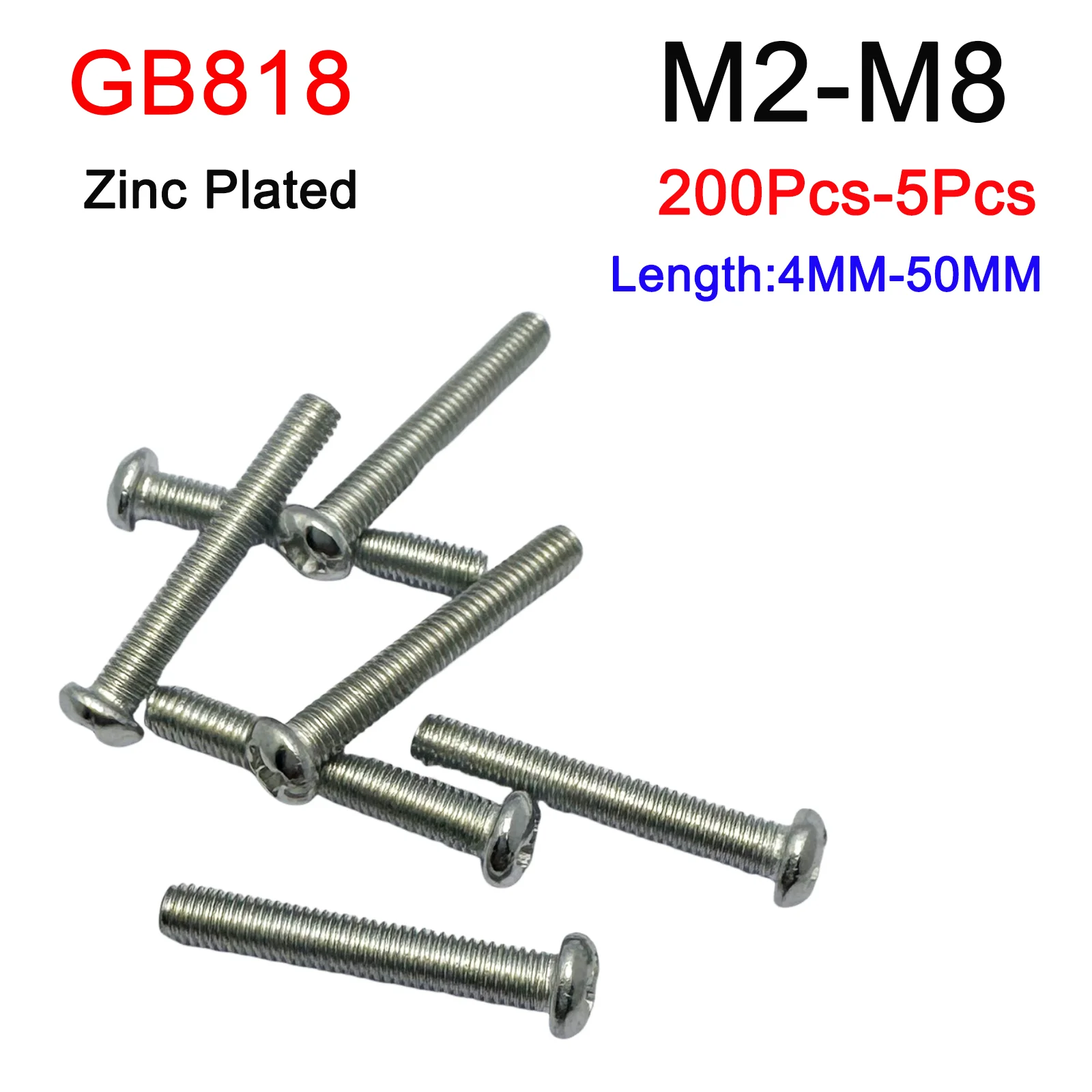 

5/10/20/25/50/100/200Pcs M2 M2.5 M3 M4 M5 M6 M8 Cross Phillips Round Pan Head Screw Bolt GB818 Zinc Plated Carbon Steel ﻿ ﻿ ﻿