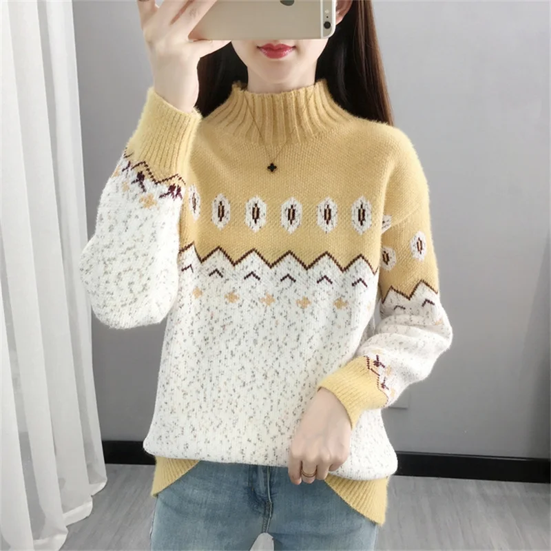 

Fashion Patchwork Half High Collar Mink Cashmere Sweater Women Loose Pullover 2023 Autumn Winter 5 Color Long Sleeve Tops Female