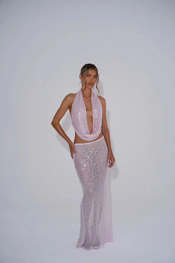 EINY Women's Sexy Stacked V Neck Two Pieces Backless Mesh Sequins See Through Midi Dress Summer Evening Birthday Party Outfits