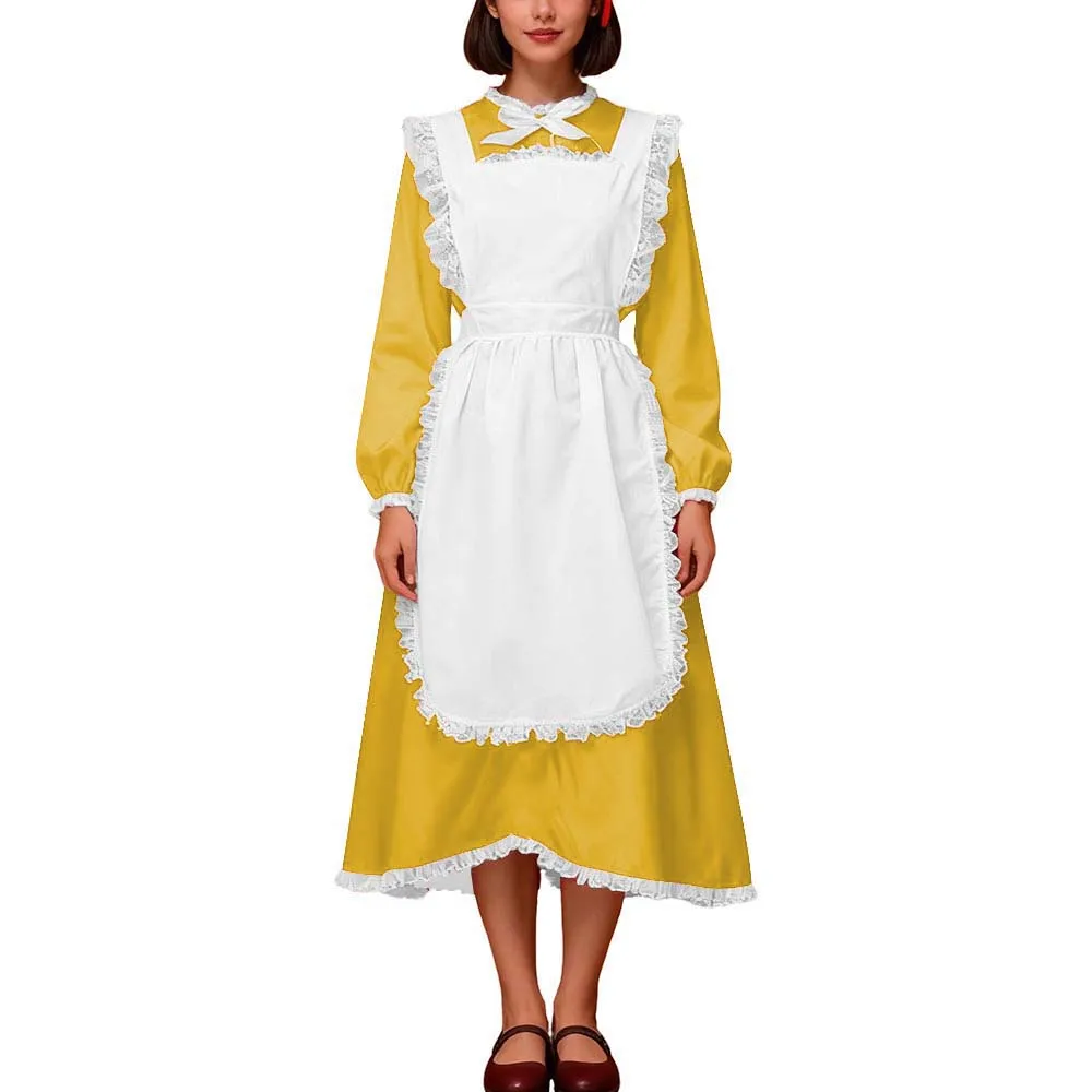 Crossdresser Halloween Vintage Satin Maid Uniform Long Sleeve Party Fancy Dress with Lace Apron Sissy French Maid Cosplay Outfit view 6