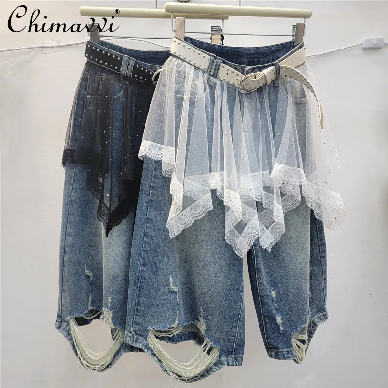

2026 Summer Clothes New Sweet Girly Lace Trim Patchwork Denim Midi Shorts High Street Style Versatile Layering Women's Jeans