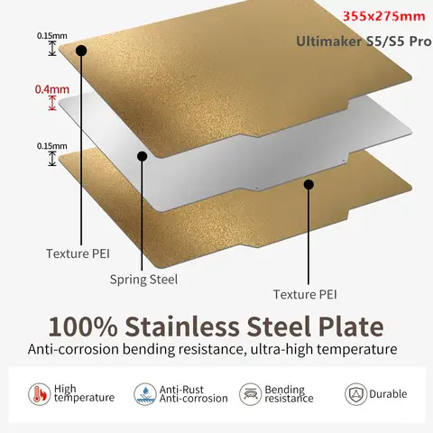Lámina Texturizada Magnética de PEI de 355x275 mm, Lámina de Acero de Resorte de Doble Cara con Revestimiento de PEI, Placa de Construcción para Piezas de Impresora 3D Ultimaker S5/S5 Pro