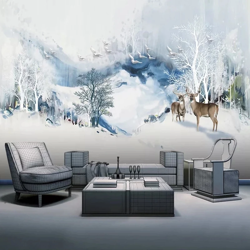 Custom 3D Mural Wallpaper Chinese Abstract Ink Mountain Water Bird Elk Study Bedroom Living room sofa TV background restaurant
