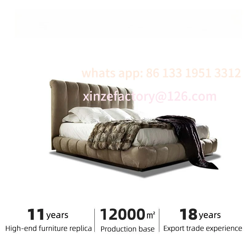 

Customizable Italian minimalist master bedroom large backrest fabric bed light luxury villa matte cloth soft bag double