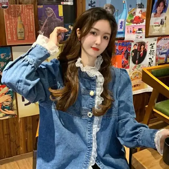 Korea Autumn Denim Shirt Women's Fashion Lace Patchwork Jean Tops Jacket Female Vintage Blue Elegant Blouses Ladies Trend Coats