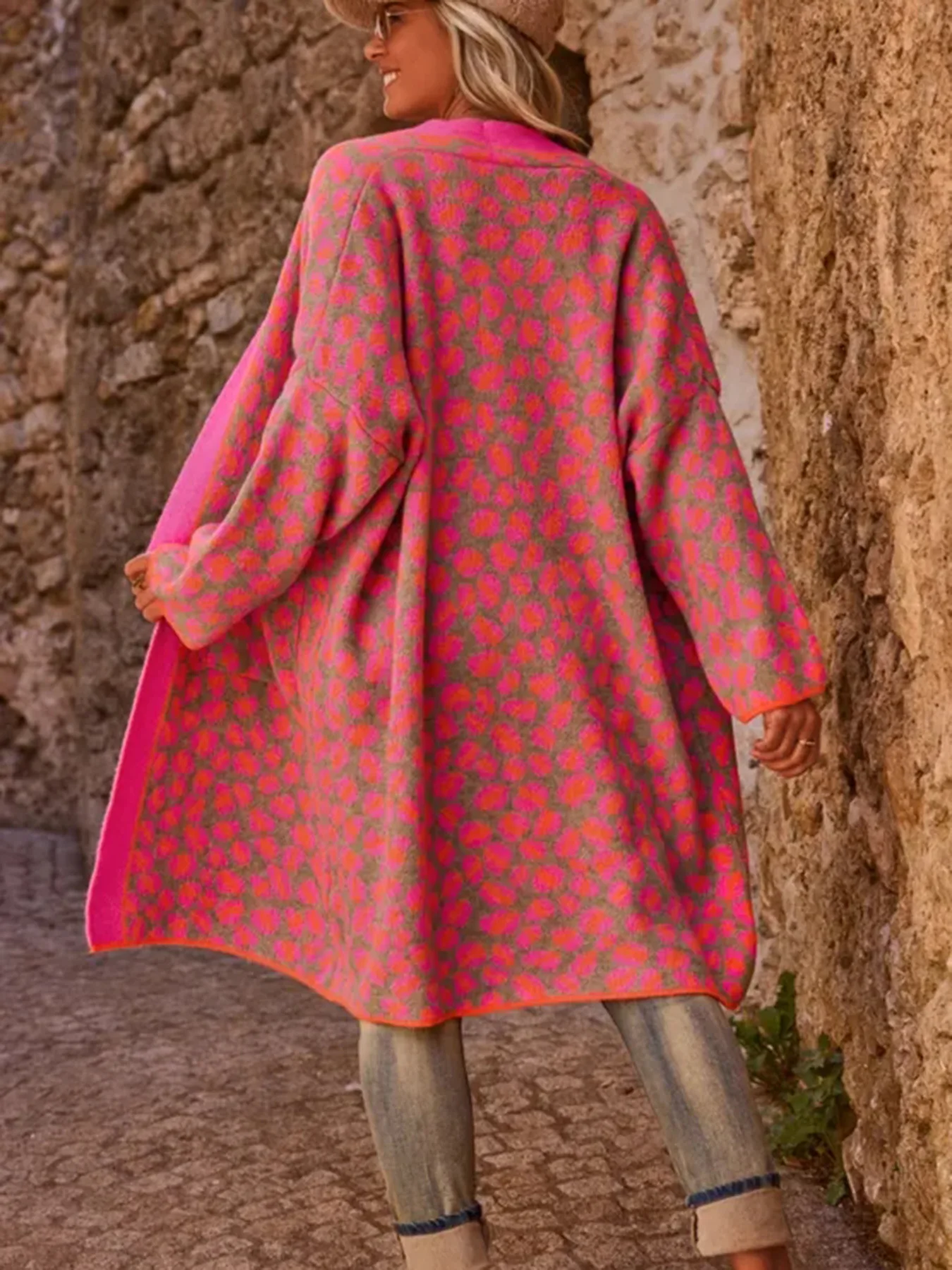 2025 جديد الخريف الشتاء المرأة سترة مشغولة من الصوف موضة اللون حجب ليوبارد طباعة كم طويل مع جيب سترة طويلة سيدة #4