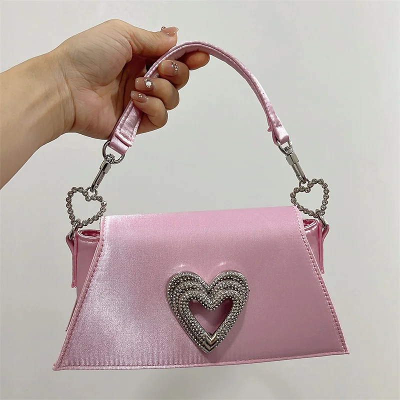 XMESSUN Women New Heart Rhinestone Diamond Handbags,Luxury Designer Satin Evening Clutch Bags Ladies Silk Wedding Shoulder Bag