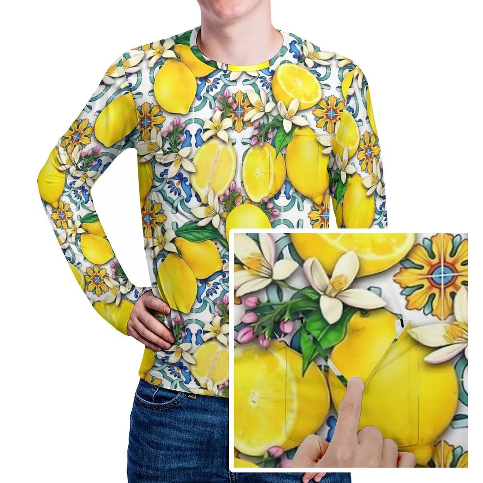 Sicilian Tiles with Citrus Lemon T Shirt Men  Streetwear T-Shirts Autumn Trendy Tees Long Sleeve Printed Big Size Clothing