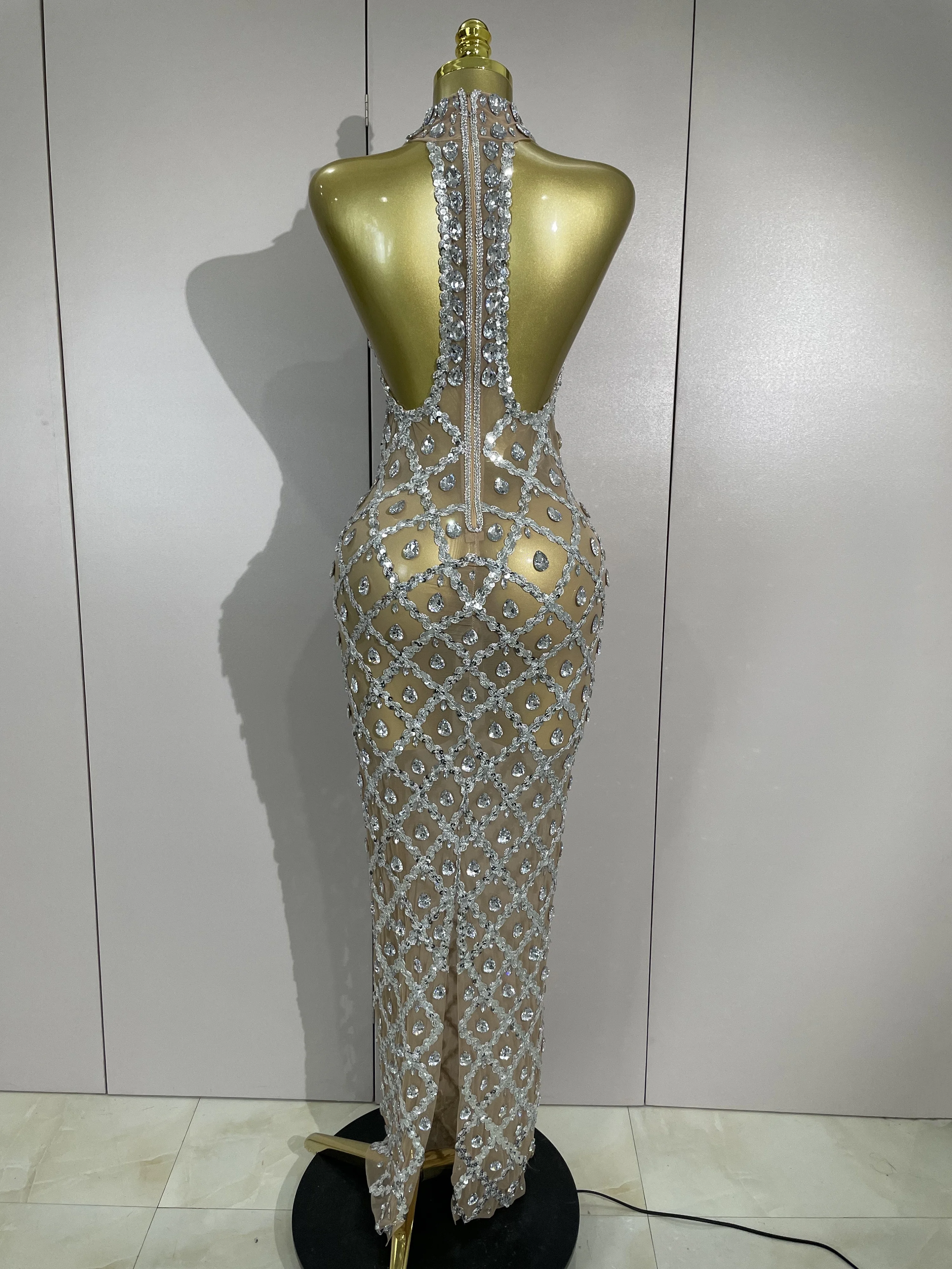 الأسهم الفاخرة سباركلي الماس الترتر شبكة شير فستان طويل المرأة احتفال مساء حفلة عيد ميلاد مثير ملهى ليلي المرحلة زي