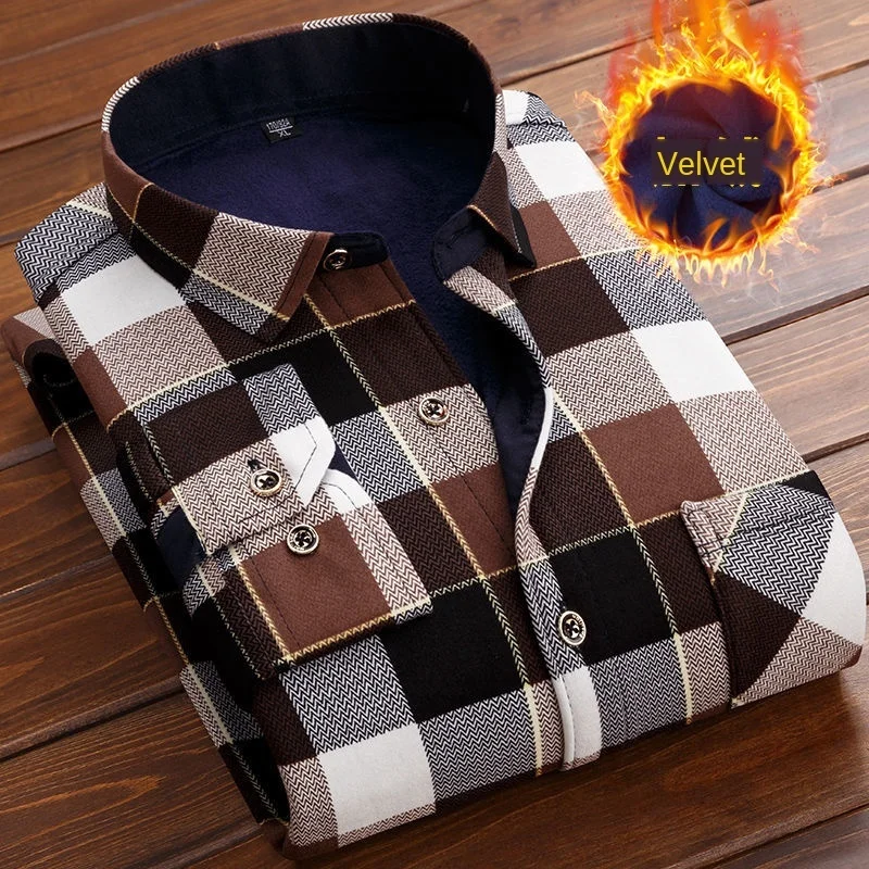 ผู้ชายความร้อนเสื้อฤดูหนาวหนา Flannel ลายสก๊อตเสื้อทำงานชายเสื้อ Casual Slim Fit Thermo เสื้อ6XL