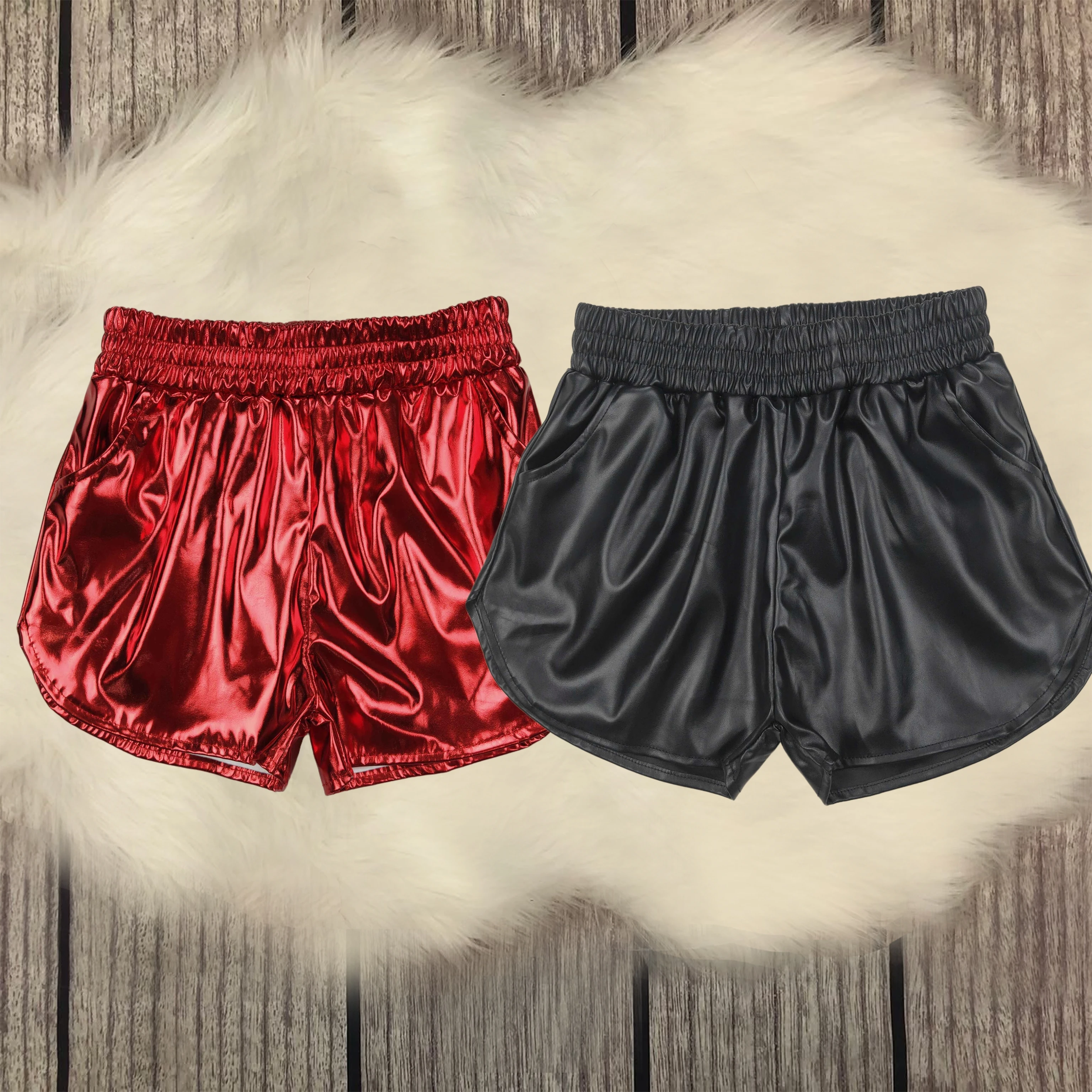 

Wholesale Eight Colors Sibling Baby Girls Pockets Leather Metallic Elastic Bottom Shorts Kids Children Toddler Boutique Clothing