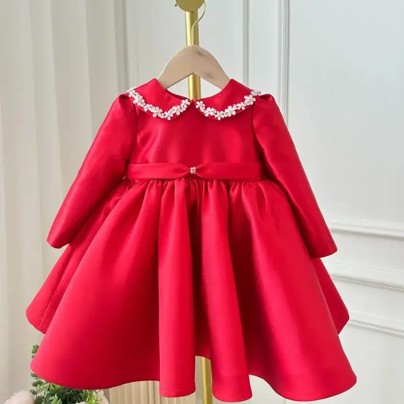 Girls Birthday Baptism Party Red Dresses For Eid A3607 2026 New Children's Evening Gown Bow Beading Long Sleeve Design