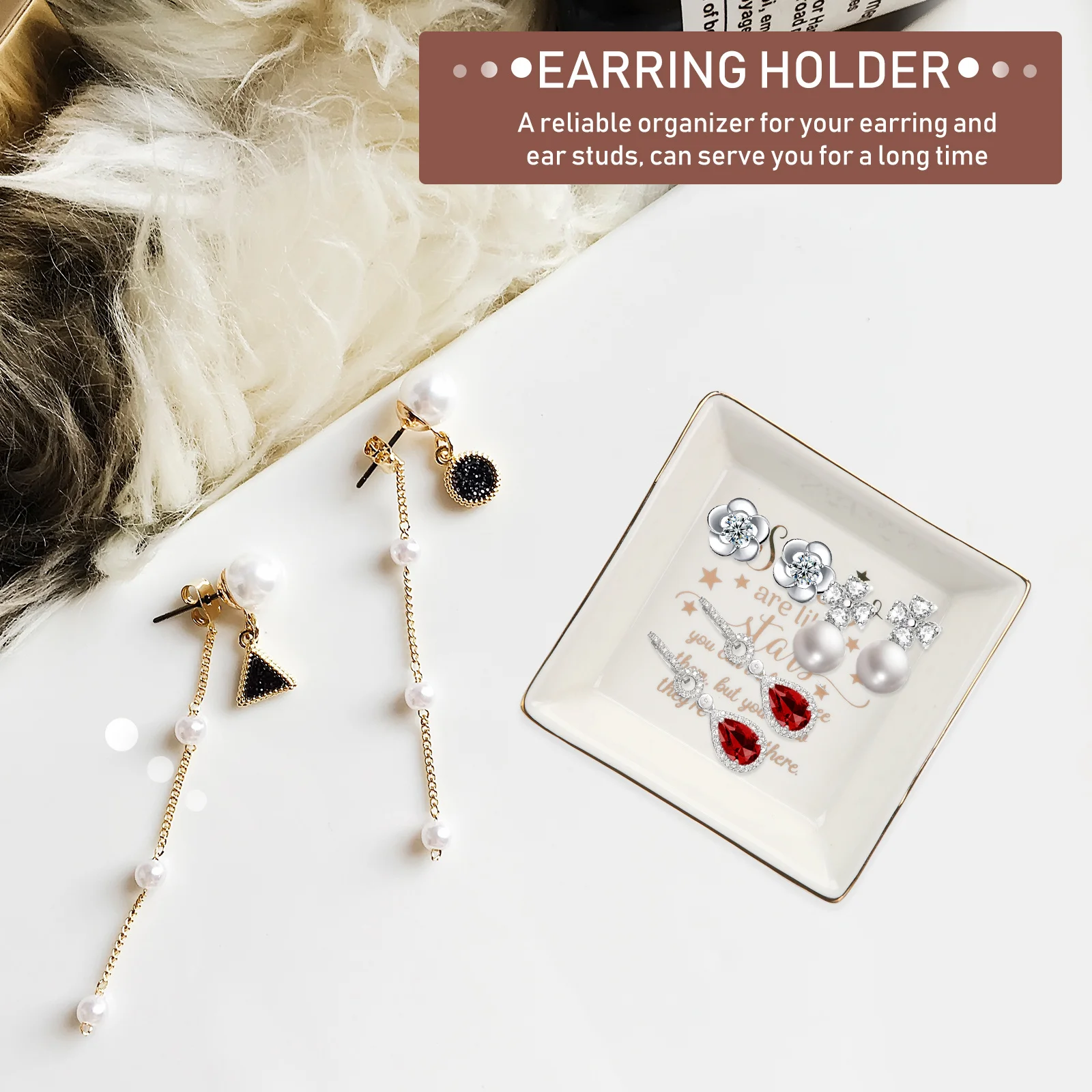 

Elegant Gold Edge Ceramic Jewelry Tray Square Organizer for Rings Earrings Necklaces Bracelets Bedroom Living Room Decor