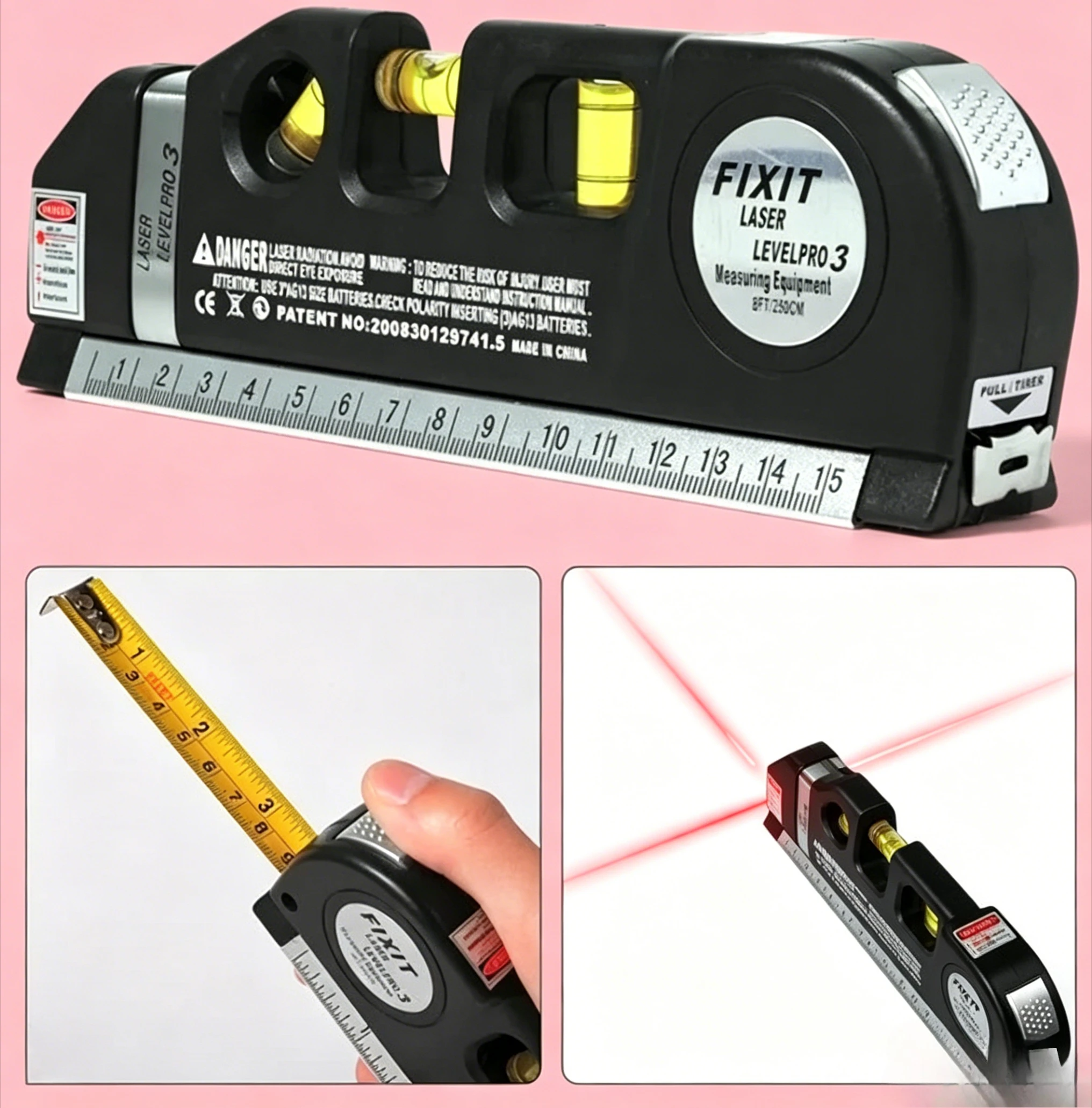 Multifunctional Cross Line Laser Level with 2.5M Measuring Tape Metric Ruler Professional Levelling Tool
