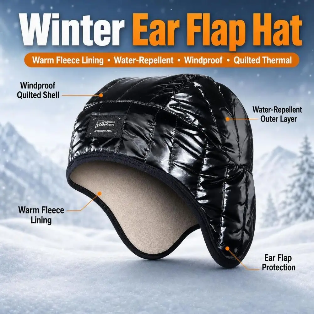Fleece Lined Winter Ear Flap Hat Water Repellent Heat Retaining Fleece Lined Hat Ear Coverage Windproof Cold Weather Hat Skiing