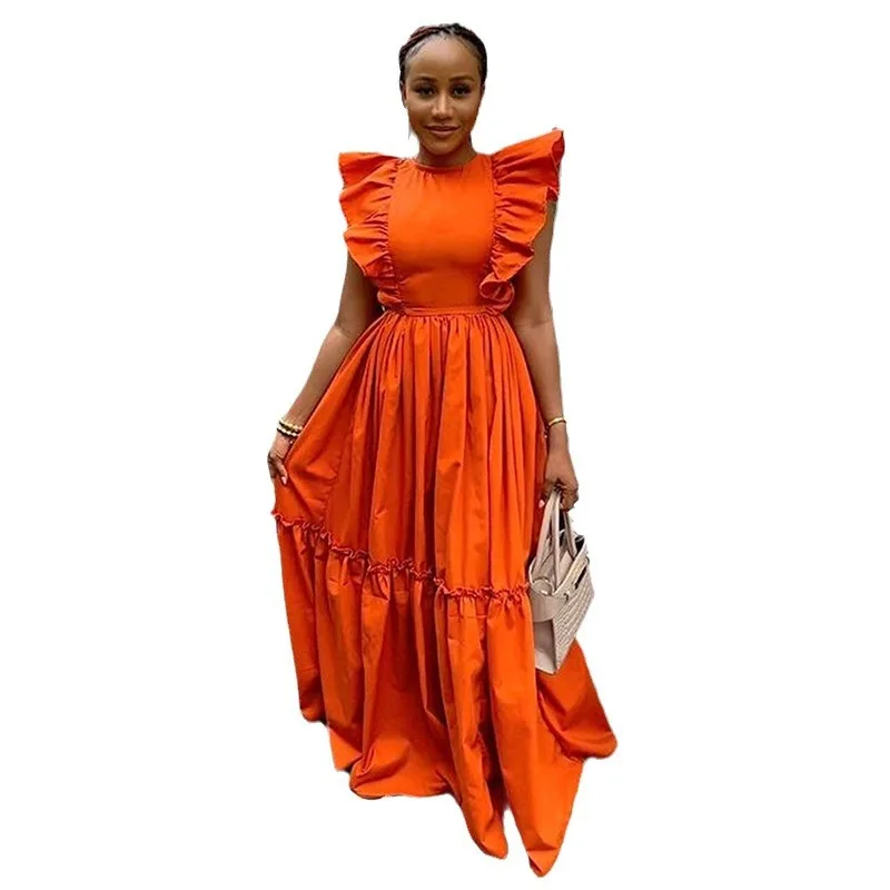 Summer New Temperament Ruffle Leaf Edge Short-sleeved Round Neck Waist Long Pendulum Dress Women's Clothing 2025