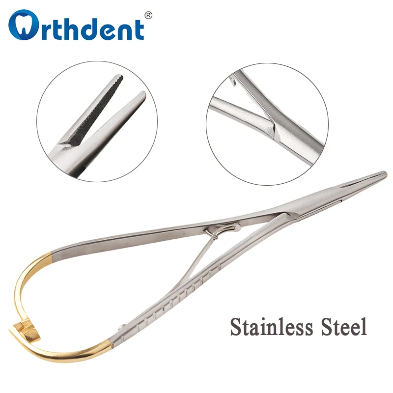 Dental Needle Holder Forceps Straight Head Curved Gold Plated Handle Stainless Steel Orthodontic Plier Dentistry Lab Instrument