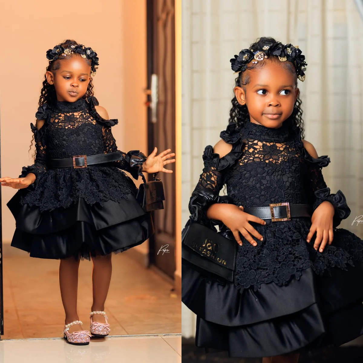 

High Neck Lace Flower Girl Dresses Ruffles Black Girls Birthday Photos Shoot Prom Gowns for Party