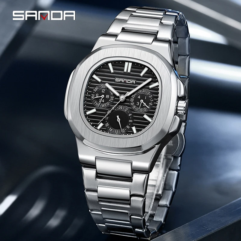 SANDA 7053 Luxury Watch Business Waterproof Male Clock Luminous Date Stainless Steel Square Quartz Men Wristwatches Reloj Hombre