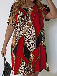 Plus Size Allover sukienka z nadrukiem, casualowe wycięcie pod szyją sukienka z krótkim rękawem na wiosnę i lato, damskie odzież Plus Size