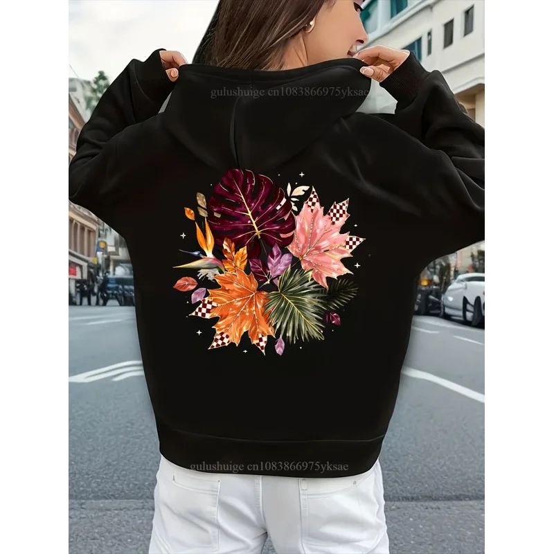 Oversized Streetwear Hoodie Halloween Gifts Tropical Leaves And Maple Pattern Fall Clothes Autumn Winter Daily Wear For Women