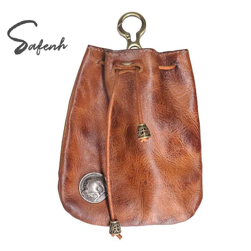 PU Leather Drawstring Coin Pouch Vintage Design Sturdy Metal Hook For Coins Keys Small Daily Items